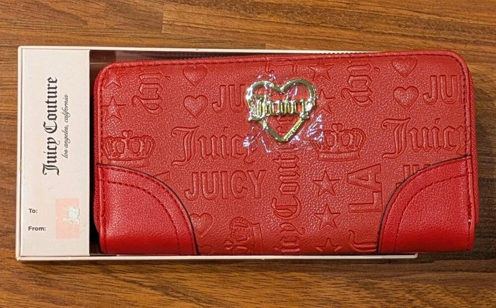 Juicy Couture Large Zip Around Wallet Y2K Red Deboss Logo Gold Heart NWT Box